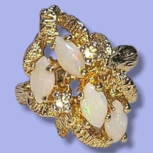 Vintage 18K HGE Gold Plated 4 White Opals & CZ Cocktail Ring Size‎ 4.5